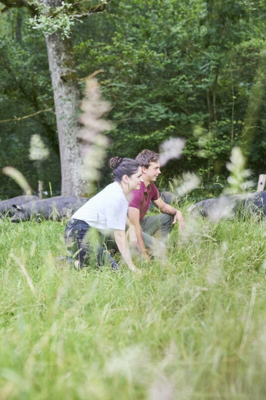 Domaine Herbae Anouk et Nicolas au mileu des porcs noirs de Bigorre AOP