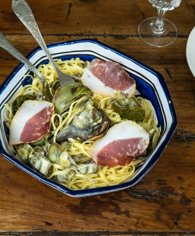 Recette Herbae Tagliatelles au lomo porc noir de Bigorre et artichauts